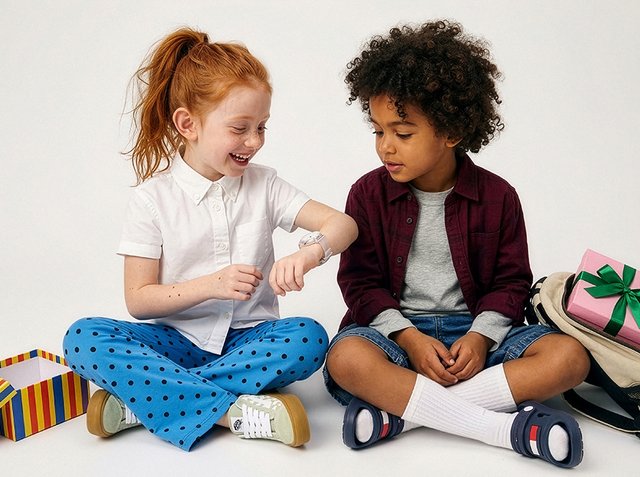 Dve otroke sedita z prekrižanimi nogami na tleh; deklica pokaže fantku pametno uro, blizu sta škatla za darilo s črtami in nahrbtnik.
