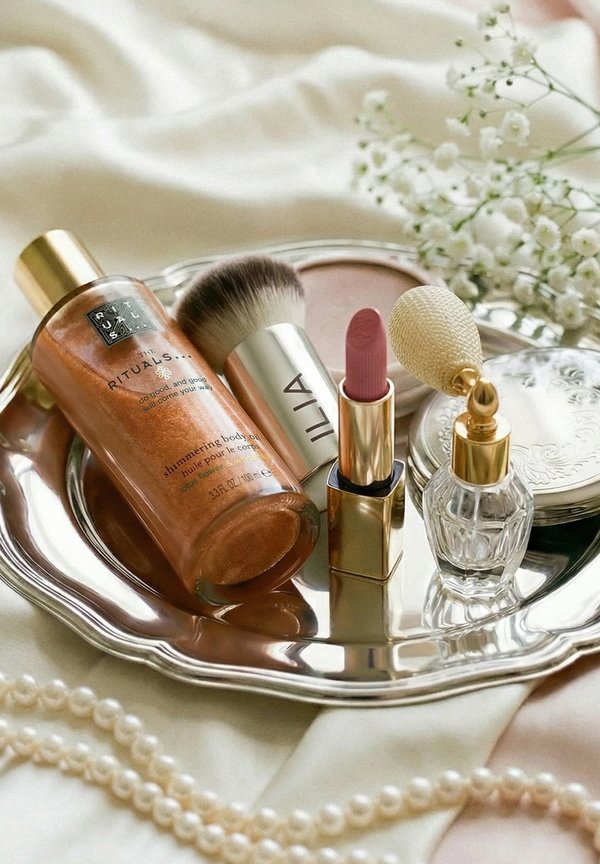 Silver tray holding shimmering body oil, makeup brush, pink lipstick, vintage perfume atomizer, compact powder, white flowers, and a pearl necklace.