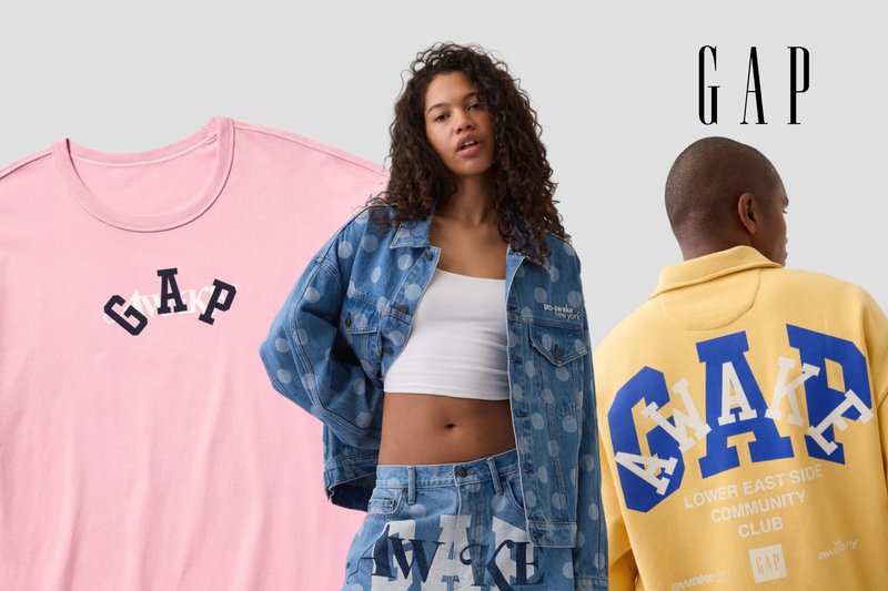 Young woman in polka dot denim jacket and jeans stands between pink and yellow GAP logo apparel with large "AWAKE" text.