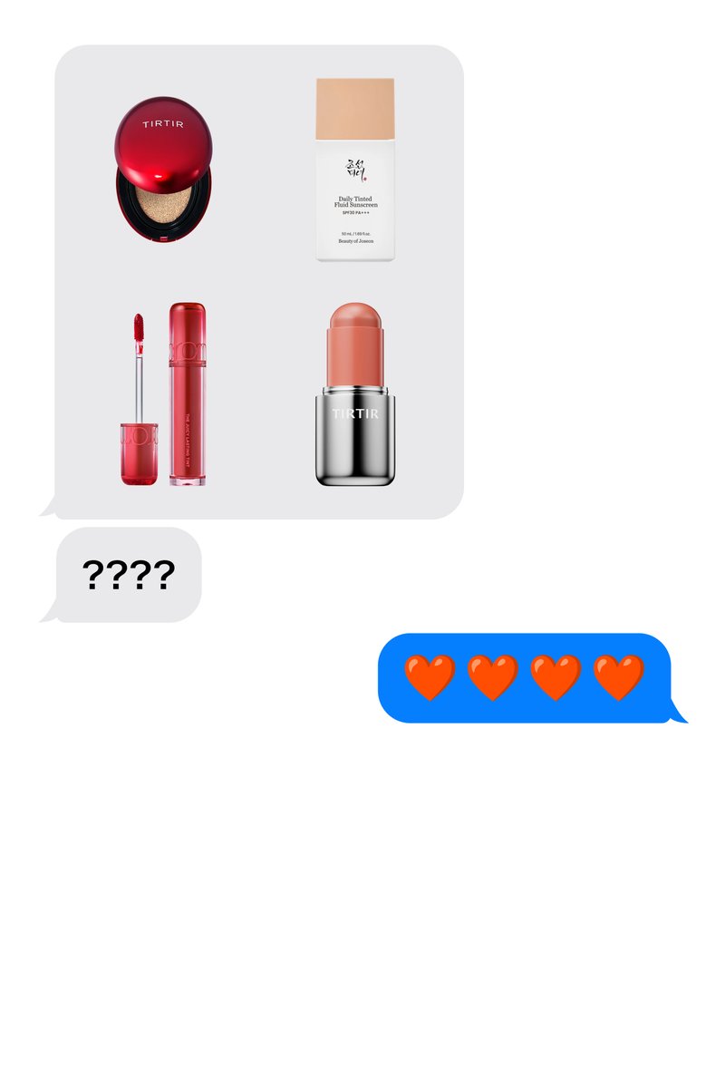 Quattro prodotti cosmetici, tra cui cushion compact, crema solare colorata, gloss rosso per labbra e blush in stick, mostrati sopra due messaggi di testo con punti interrogativi ed emoji di cuore rosso.