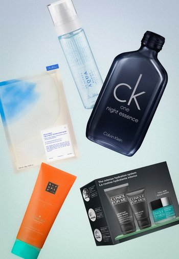 Vijf huidverzorgings- en verzorgingsproducten inclusief een hydraterend masker, aqua mist, after sun lotion, Calvin Klein night essence en Clinique for Men set.