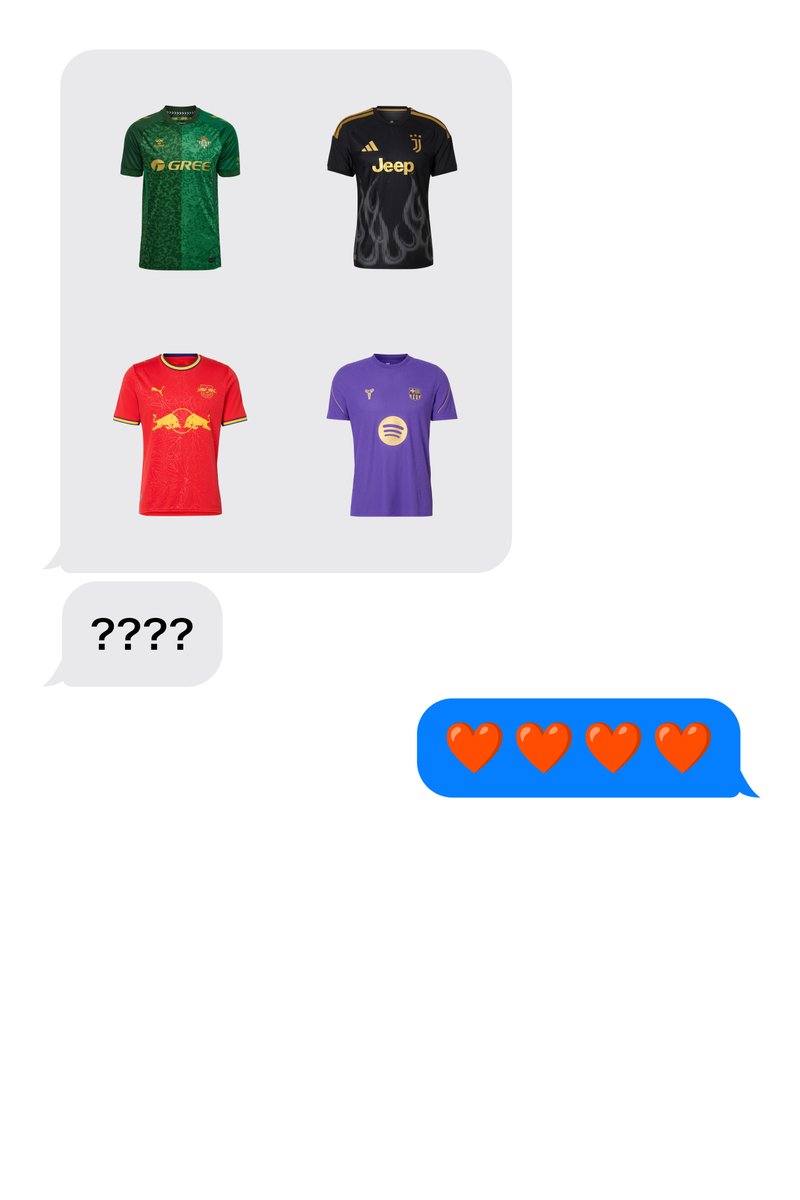Cuatro camisetas de fútbol en verde, negro, rojo y morado en una burbuja de chat, seguidas de un mensaje con signos de interrogación y otro con cuatro corazones rojos.