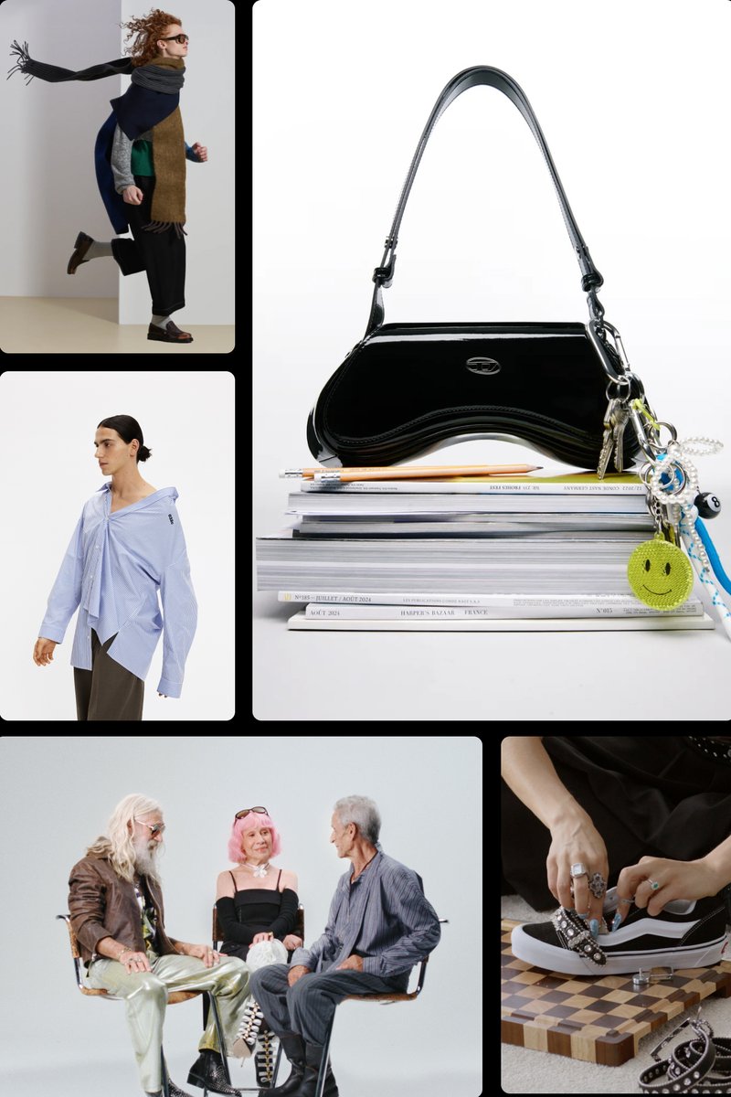 Een model in een kleurrijk outfit loopt, terwijl een zwarte handtas en stapels tijdschriften worden getoond. Drie vrienden chatten, terwijl een hand veters strikt.