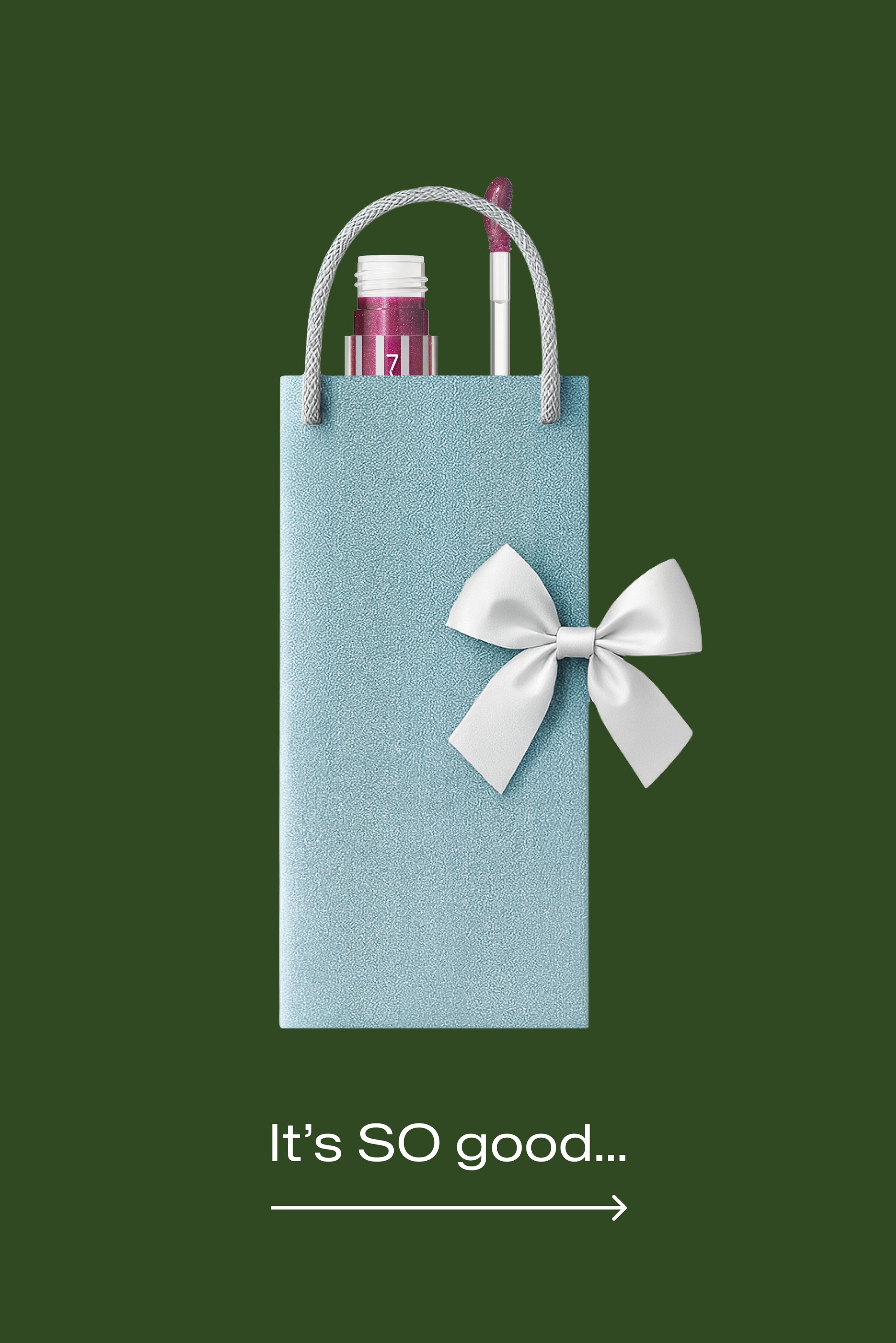 Borsa di tessuto azzurro chiaro con un fiocco bianco, contenente un prodotto per le labbra rosa e un applicatore, su sfondo verde scuro.