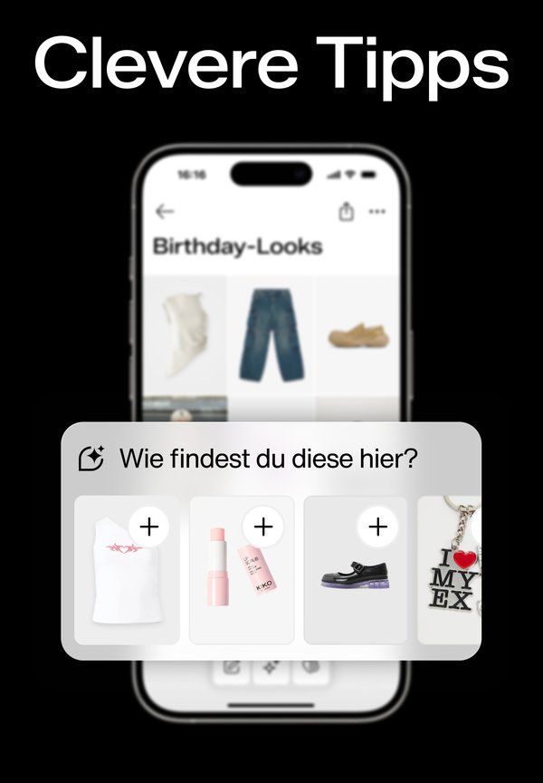 Handybildschirm, der ein Gitter von Kleidung und Accessoires zeigt: weißes Tanktop mit rographic, rosa Lippenbalsam, schwarze Schuhe, Metall-Schlüsselanhänger.