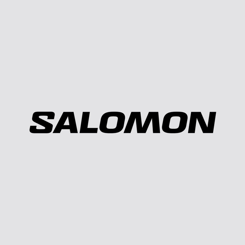 Zwart "SALOMON" logo gecentreerd op een lichtgrijze achtergrond, dat een atletische en buitenactiviteitsstijl uitstraalt.