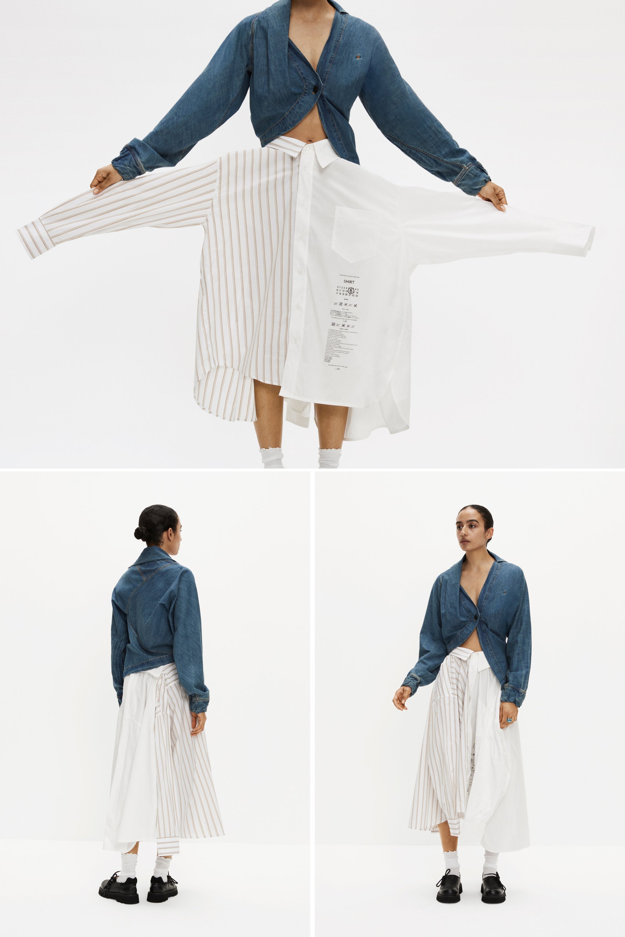 La modella indossa un outfit unico, che combina un giubbotto di jeans cropped e una camicia lunga a strisce. Lo sfondo è bianco semplice, per mettere in risalto l'abbigliamento.