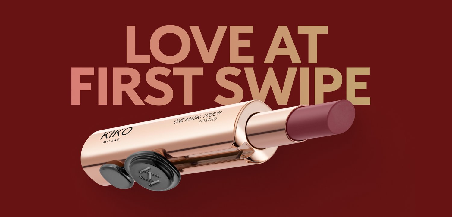 Rossetto opaco in confezione dorata con logo Kiko Milano e testo "LOVE AT FIRST SWIPE" su sfondo rosso scuro.