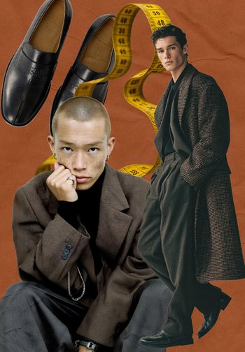 Black leather slip-on shoes, a brown textured blazer, and tailored trousers. A yellow measuring tape spirals across a textured orange background.