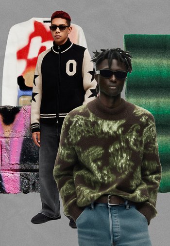 Kaksi mallia pukeutuneina neulepaitoihin; toinen mustavalkoinen tähtineule, toinen vihreä marmoroitu kuvio. Molemmilla on aurinkolasit.