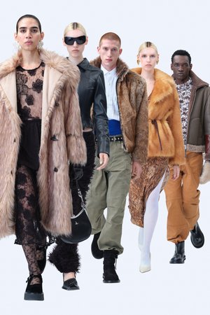 Five models display a variety of outerwear: faux fur coats in beige and brown, leather jackets, textured fabrics, layered ensembles, and an assortment of footwear.