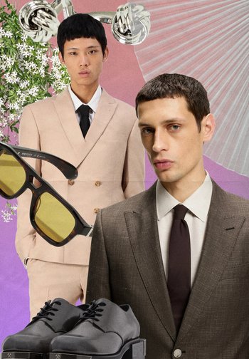 Two men in suits, one beige and one brown, surrounded by floating accessories including sunglasses, gray shoes, silver cufflinks, and white flowers.