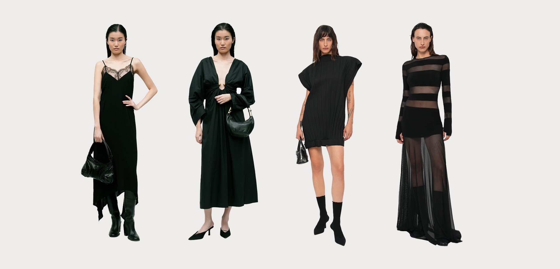 Four models are dressed in black outfits: a long slip dress with lace detailing, a flowing gown, a ribbed mini dress, and a sheer striped gown, each highlighting distinct designs.