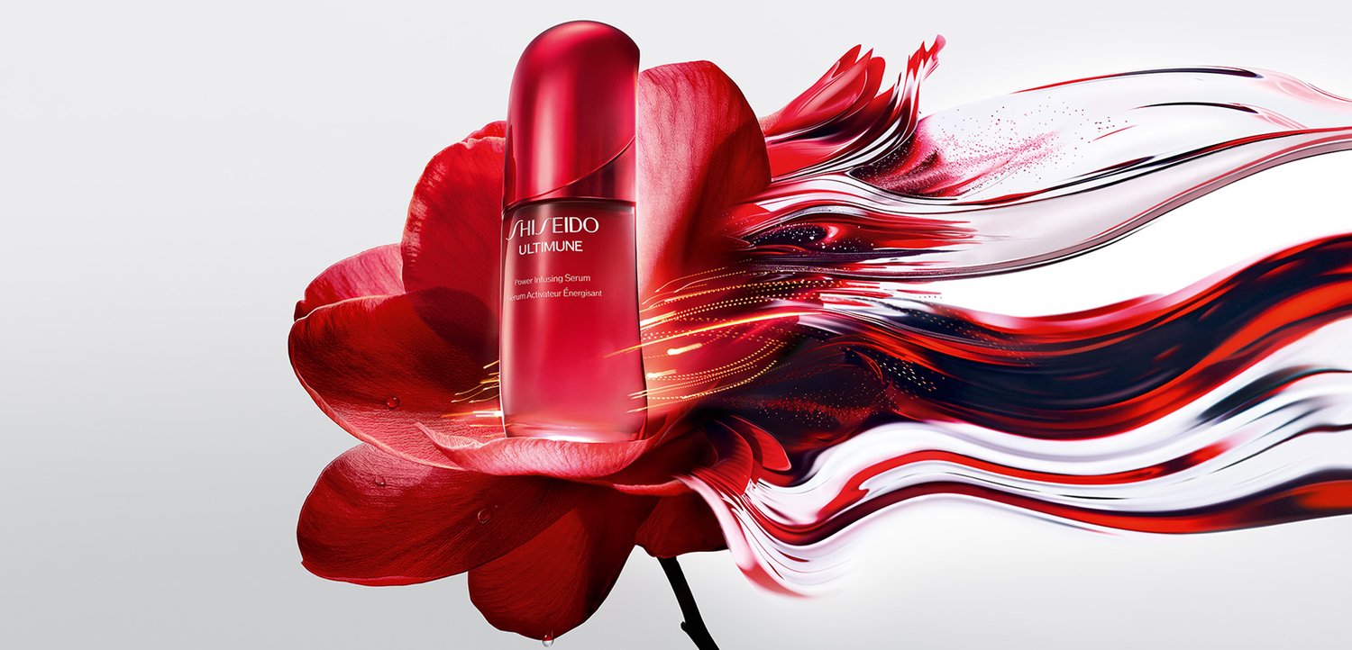 Red Shiseido Ultimune serum bottle centered inside a red flower with dynamic red, white, and black paint streaks flowing to the right.
