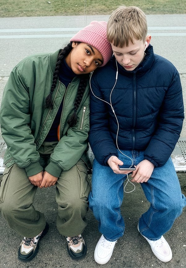 Zwei junge Leute sitzen auf einer Bank, einer legt den Kopf auf die Schulter des anderen und teilen sich Kopfhörer, die mit einem Smartphone verbunden sind.