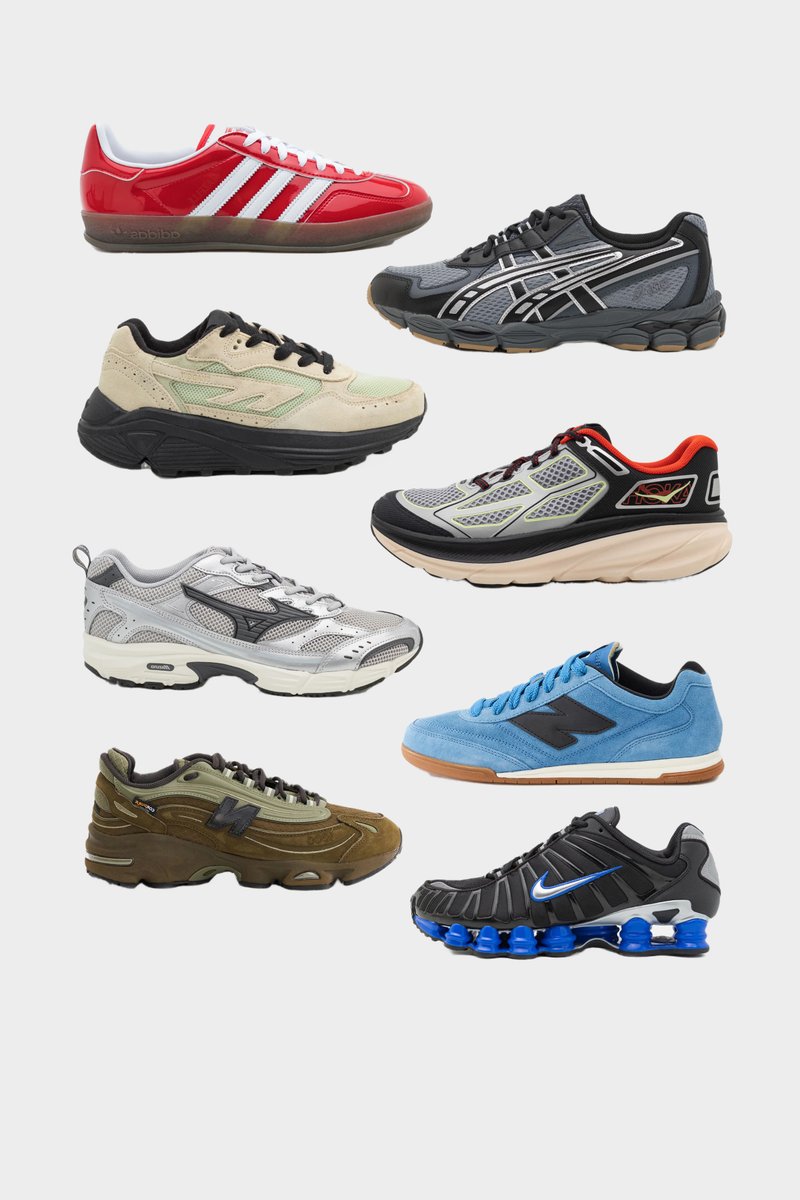 Eight pairs of athletic shoes displayed in two rows. Varied colors and styles, including red, gray, black, blue, and green.