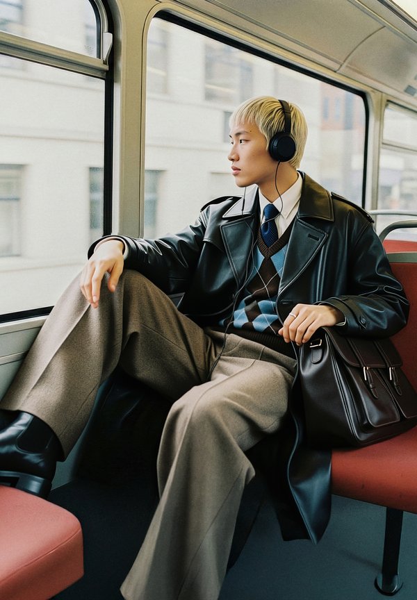 Νεαρός με ακουστικά, φορώντας δερμάτινο μπουφάν και φαρδιά παντελόνια, καθισμένος σε μέσο δημόσιας μεταφοράς δίπλα στο παράθυρο, κρατώντας μια μαύρη τσάντα.