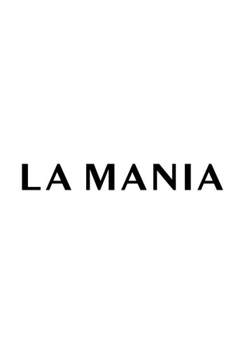 Czarny tekst pisany "LA MANIA" na białym tle. Logo jest minimalistyczne, prezentując nowoczesną typografię bez dodatkowych obrazów.