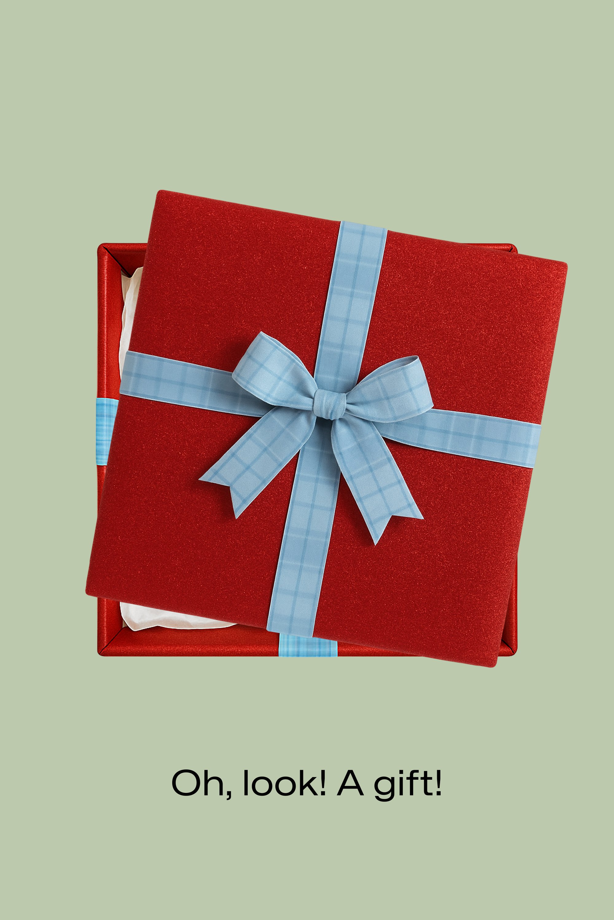 Scatola regalo rossa con glitter con un nastro a quadri azzurro chiaro, legato a fiocco, che poggia su uno sfondo verde, con carta velina bianca parzialmente visibile all'interno.