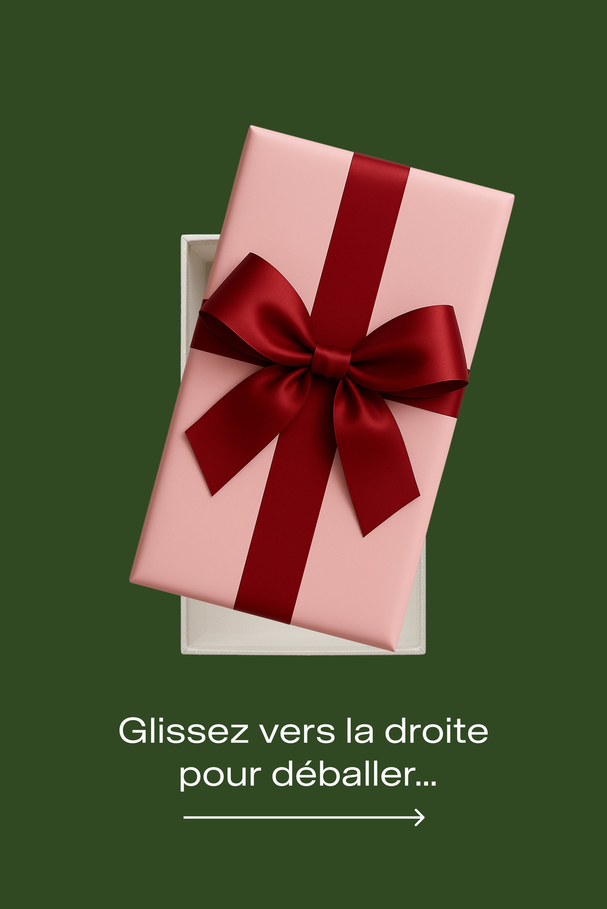 Boîte cadeau rose à finition brillante, ornée d'un nœud et d'un ruban en satin rouge profond, partiellement insérée dans une boîte blanche sur un fond vert foncé.