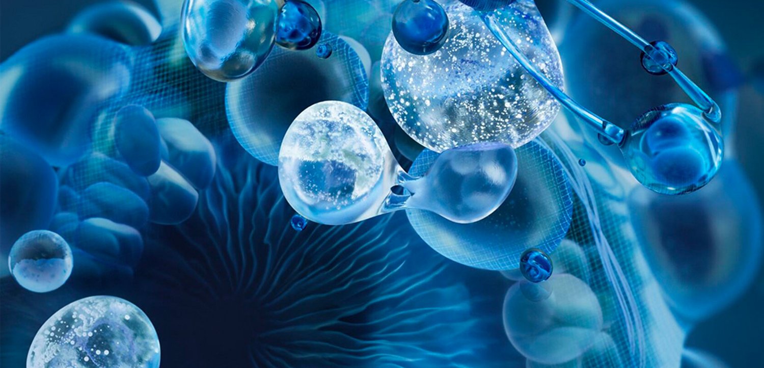 Blue and translucent spheres and droplets of varying sizes against a dark background, suggesting a microscopic or molecular theme.