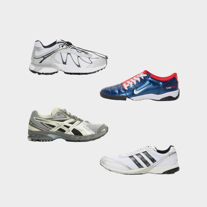 Four pairs of athletic shoes showcasing different designs: lightweight mesh, vibrant colours, rubber soles, and distinctive accents.