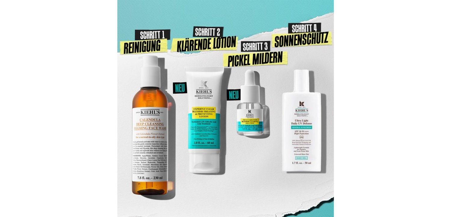 Produits de soin Kiehl’s pour une routine en quatre étapes : mousse nettoyante, lotion clarifiante, sérum ciblé contre les imperfections et crème solaire quotidienne.