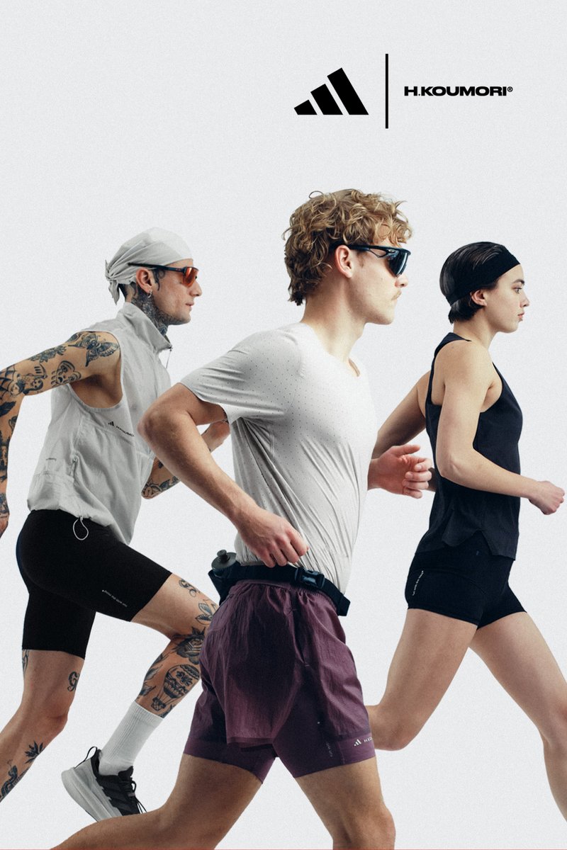 Three runners wearing sporty sunglasses and athletic apparel run side by side against a plain background, with brand logos above them.