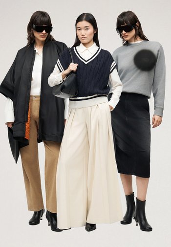 Három nő divatos összeállításban: fekete köpeny és világosbarna nadrág, tengerészkék mellény fehér bő szárú nadrággal, valamint szürke pulóver fekete szoknyával.