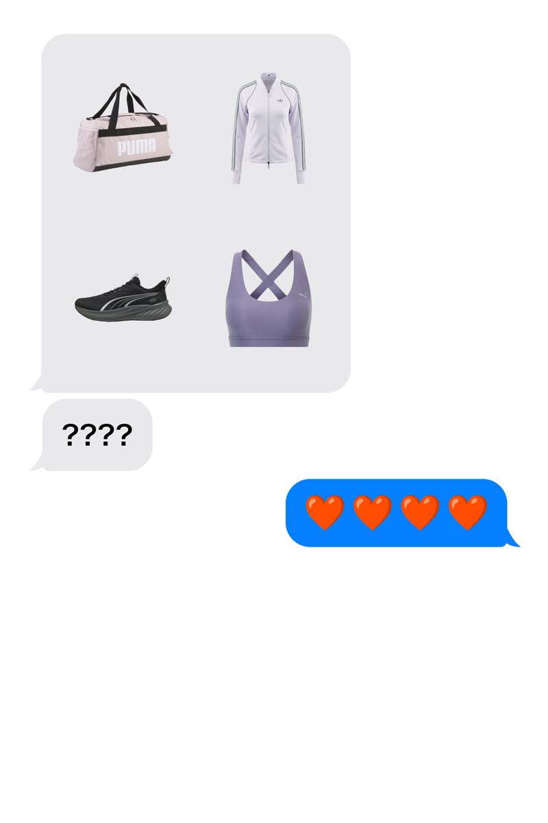 Light pink Puma duffle bag, white Adidas track jacket, black Puma running shoe, and purple Puma sports bra shown in a chat bubble.
