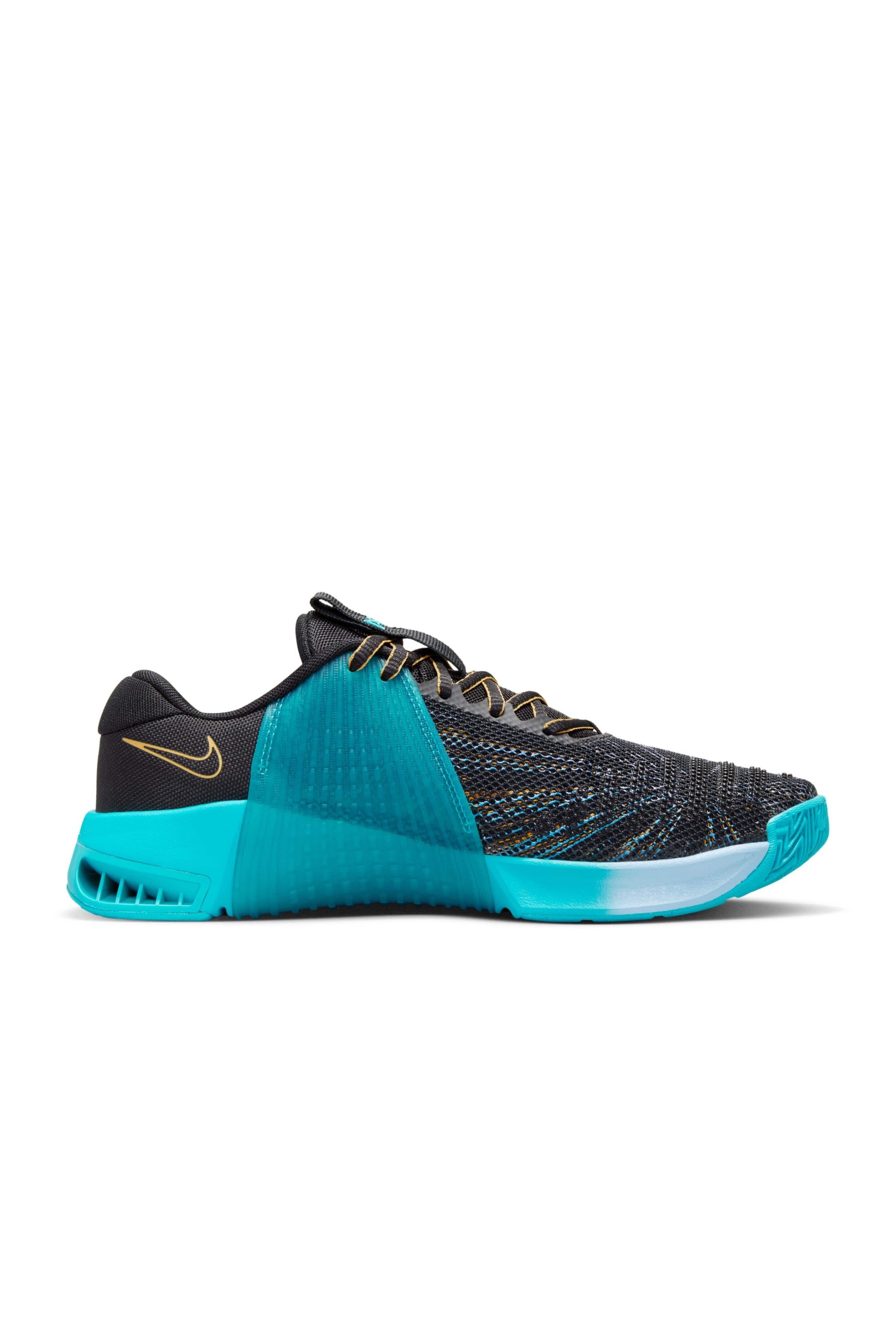 Zapatilla deportiva negra y verde azulado con un upper texturizado y una suela acolchada, diseñada para el rendimiento y la comodidad durante los entrenamientos.