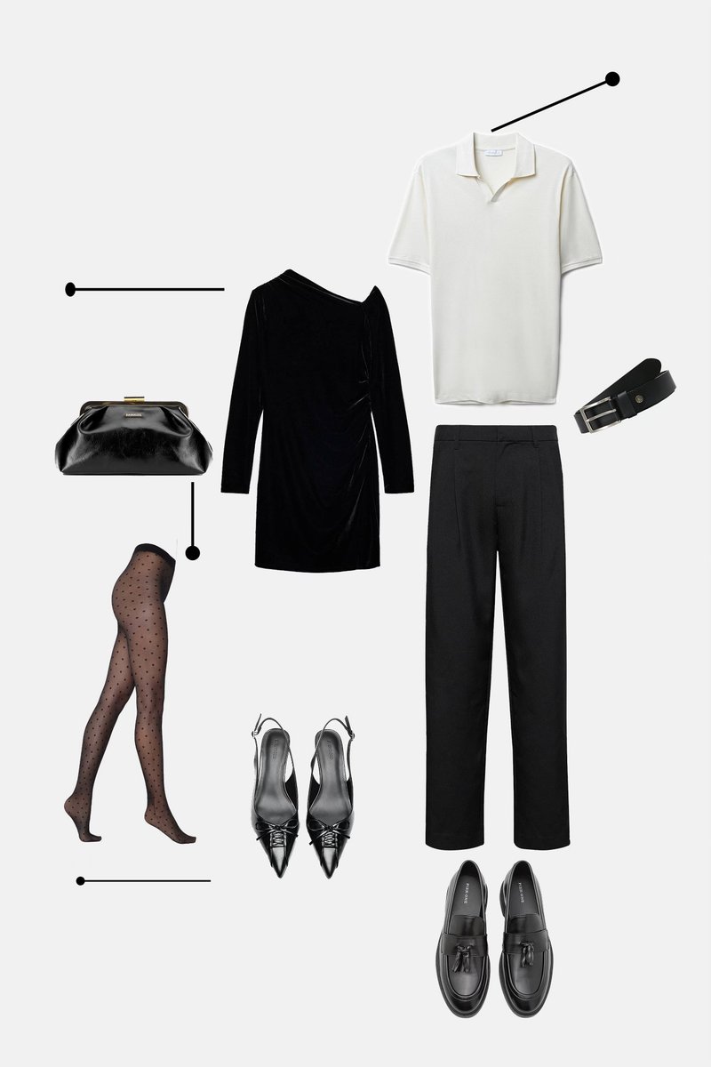 Rochie neagră din catifea cu un singur umăr, pantaloni negri, cămașă polo albă, curea neagră, ciorapi cu buline, pantofi cu toc ascuțit negri, mocasini negri și geantă clutch neagră.