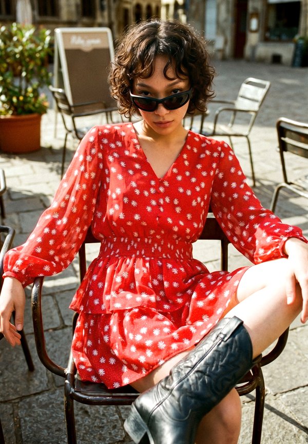 Jeune personne en robe rouge à fleurs et bottes noires assise avec assurance sur une chaise en métal dans un café en plein air baigné de soleil.