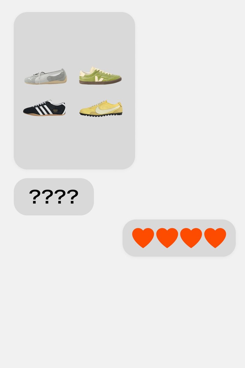 Four different sneakers displayed in two rows, followed by a text bubble with question marks and another with four red heart emojis.