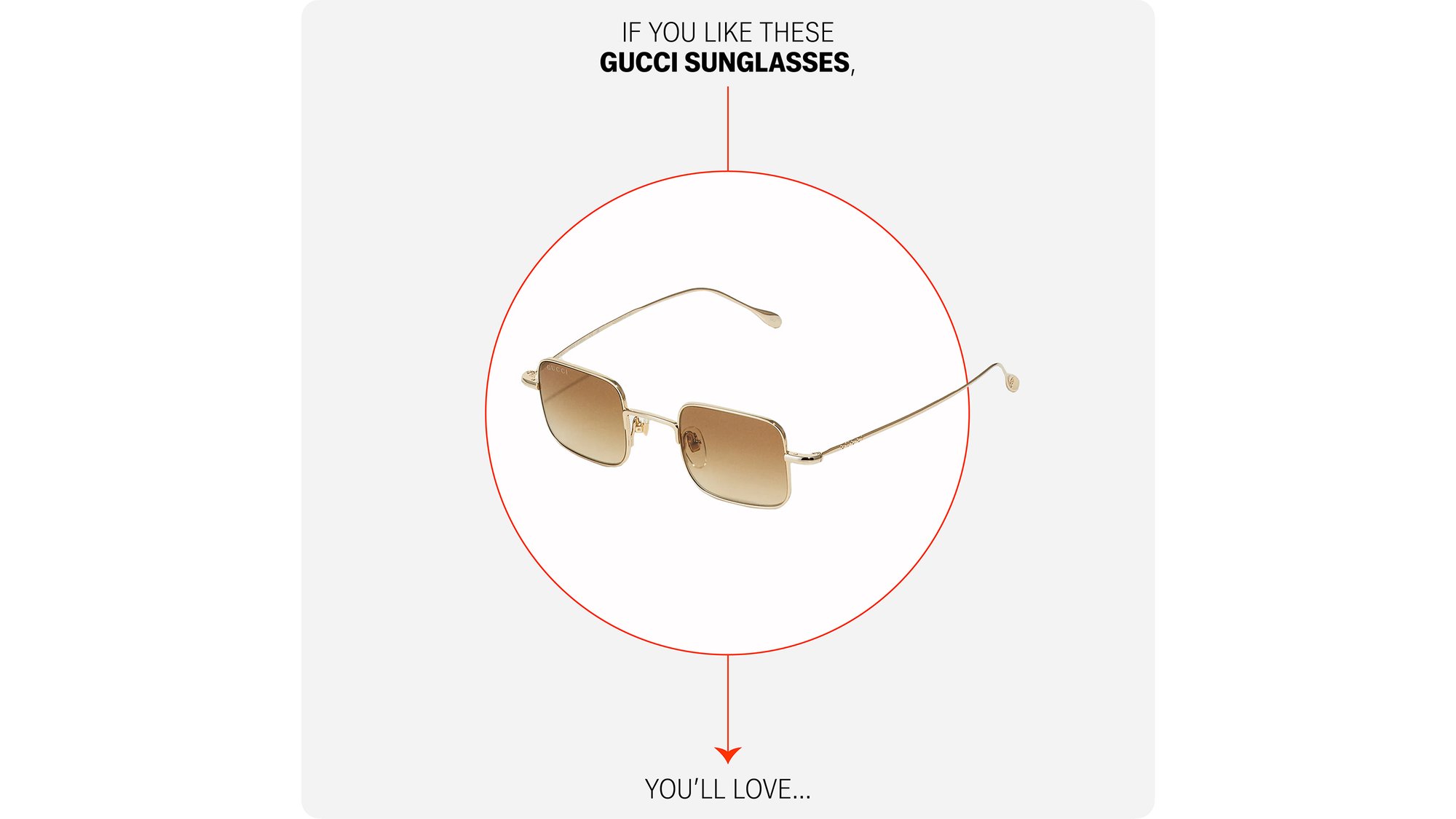 Occhiali da sole Gucci con montatura dorata e lenti gradienti sono centrati su uno sfondo grigio chiaro, circondati da un cerchio rosso e testo promozionale.