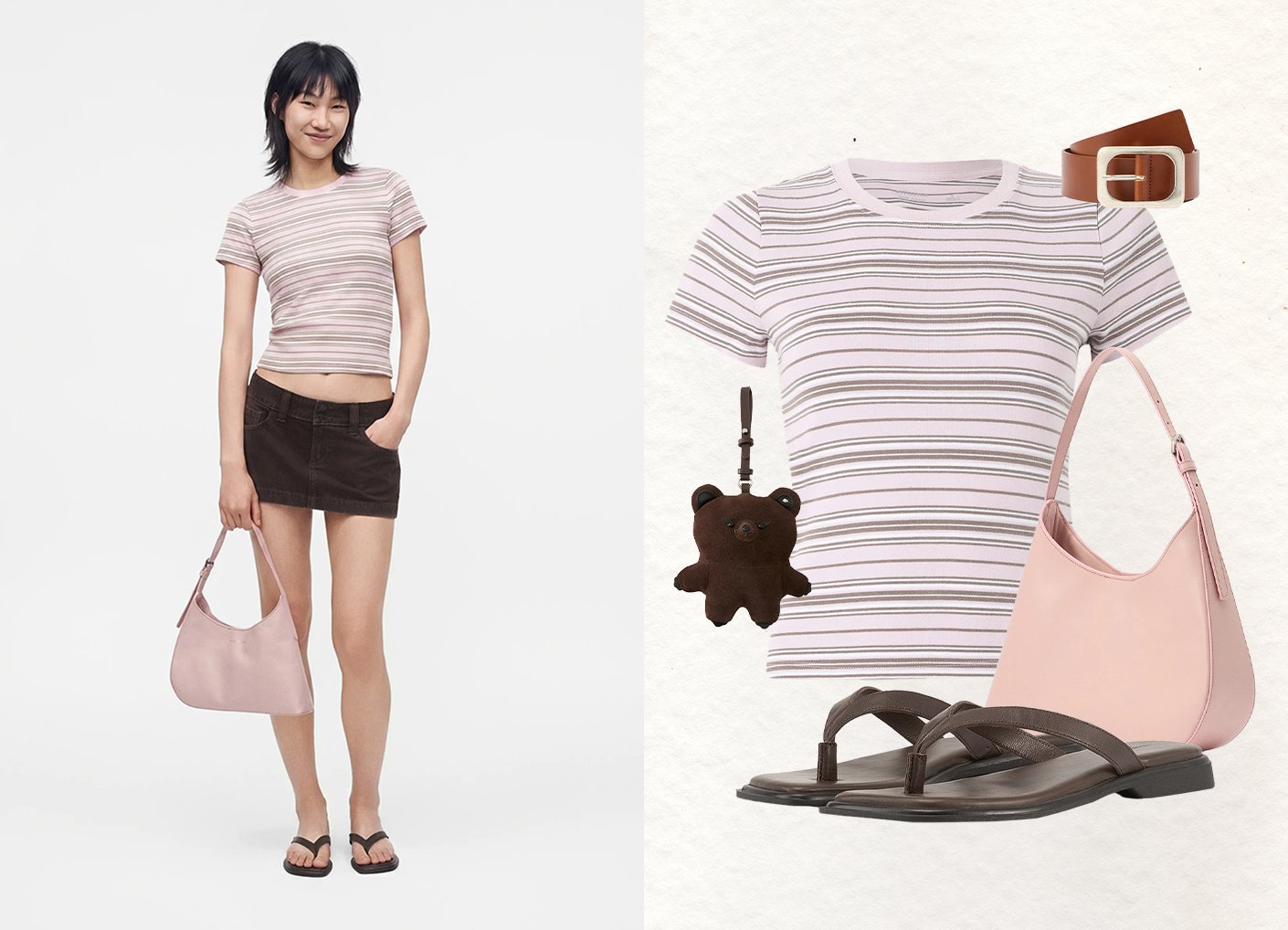 Femme portant un t-shirt rayé rose, une mini-jupe noire, des sandales noires, tenant un sac à main rose ; tenue assortie avec ceinture et porte-clés ours montré.