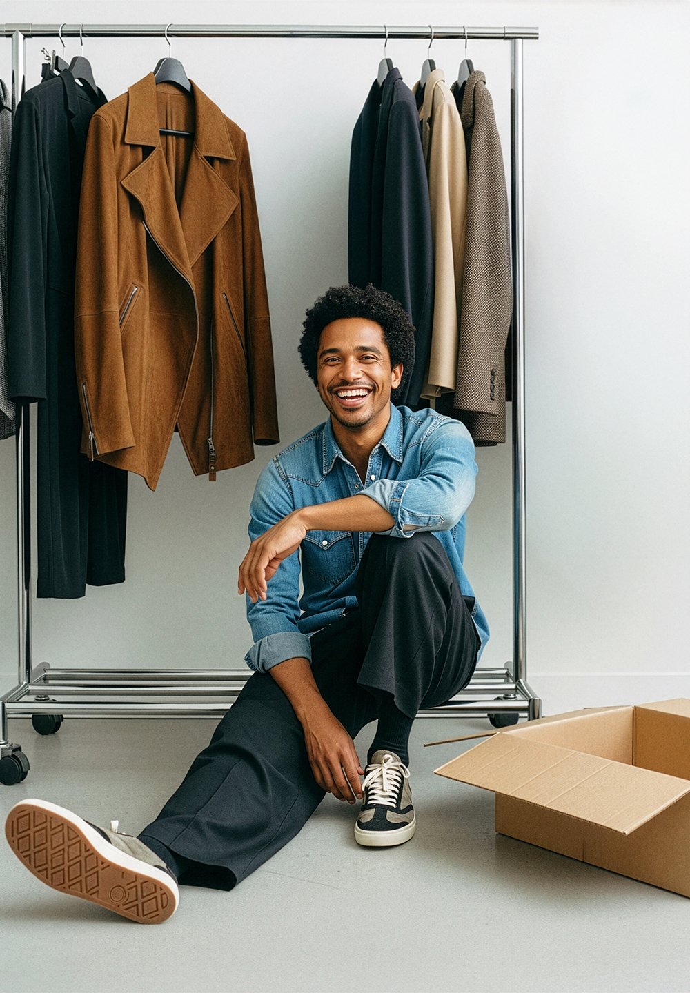 Denimskjorte, sorte bukser og sneakers. Tøjstativ med en brun jakke og forskellige frakker. Papkasse på gulvet.