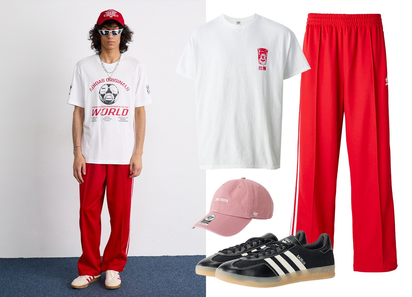 Adidas rode trainingsbroek, wit graphic t-shirt, roze pet en zwarte sneakers met rubberen zolen. De outfit heeft gedurfde kleuren en een casual stijl.