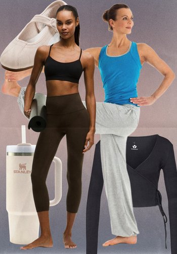 Two women in activewear, one holding a yoga mat, the other balancing on one leg, surrounded by shoes, a water bottle, and a wrap top.