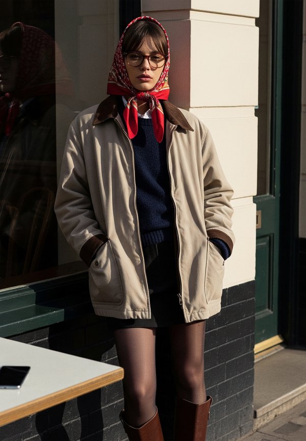 Woman stands against building wall wearing beige jacket, red patterned headscarf, glasses, navy sweater, black skirt, and brown knee-high boots.