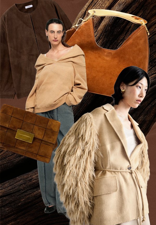 Brown suede jacket, beige off-shoulder top, tan accessories including a structured clutch and hobo bag with gold hardware, textured faux fur coat.