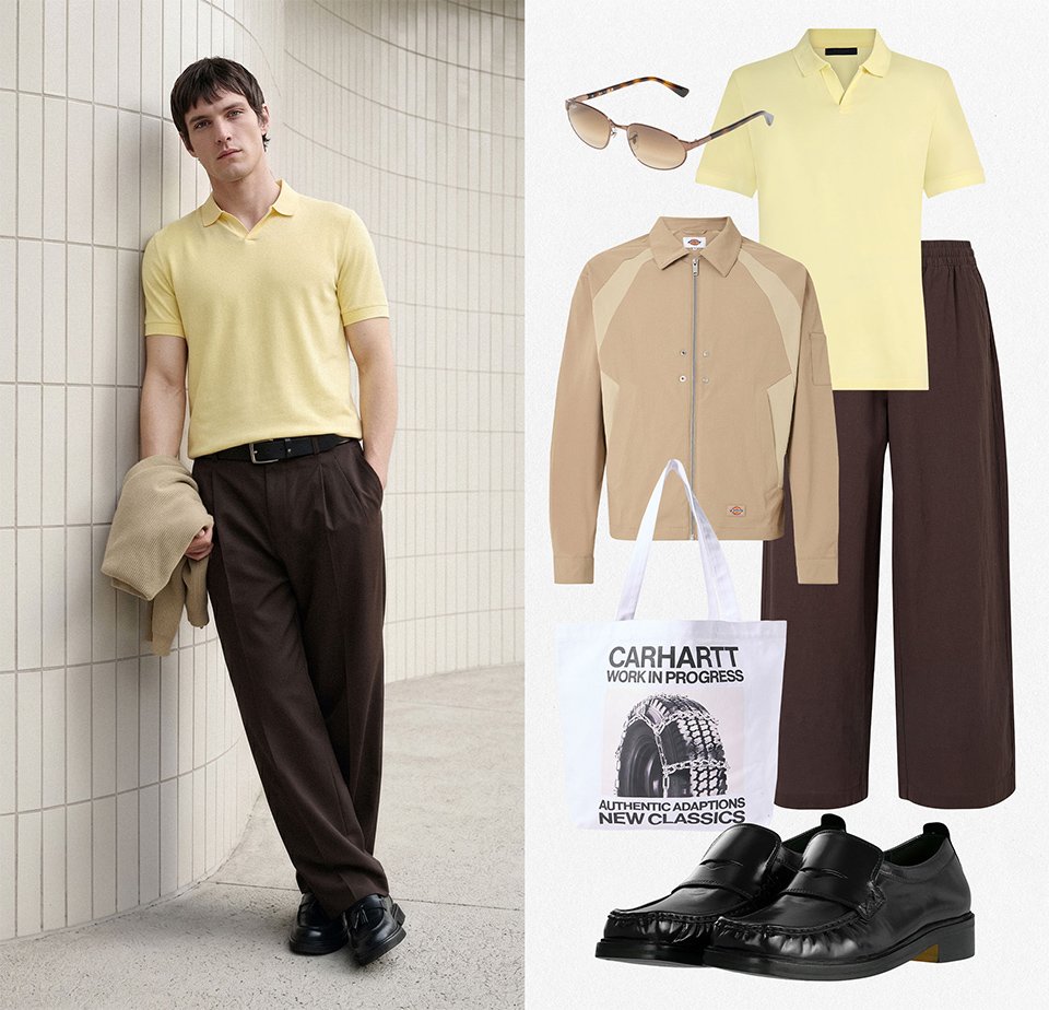 Man draagt een gele polo, donkerbruine broek, zwarte schoenen, houdt een beige jas vast; het ontwerp bevat een zonnebril, een beige jas, een draagtas en bijpassende kledingstukken.