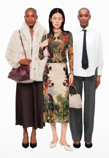 Drie modellen tonen verschillende outfits: een harige witte jas, een bloemrijke lange mouwen top en grijs patroon broek, aangevuld met verschillende tassen en schoenen.
