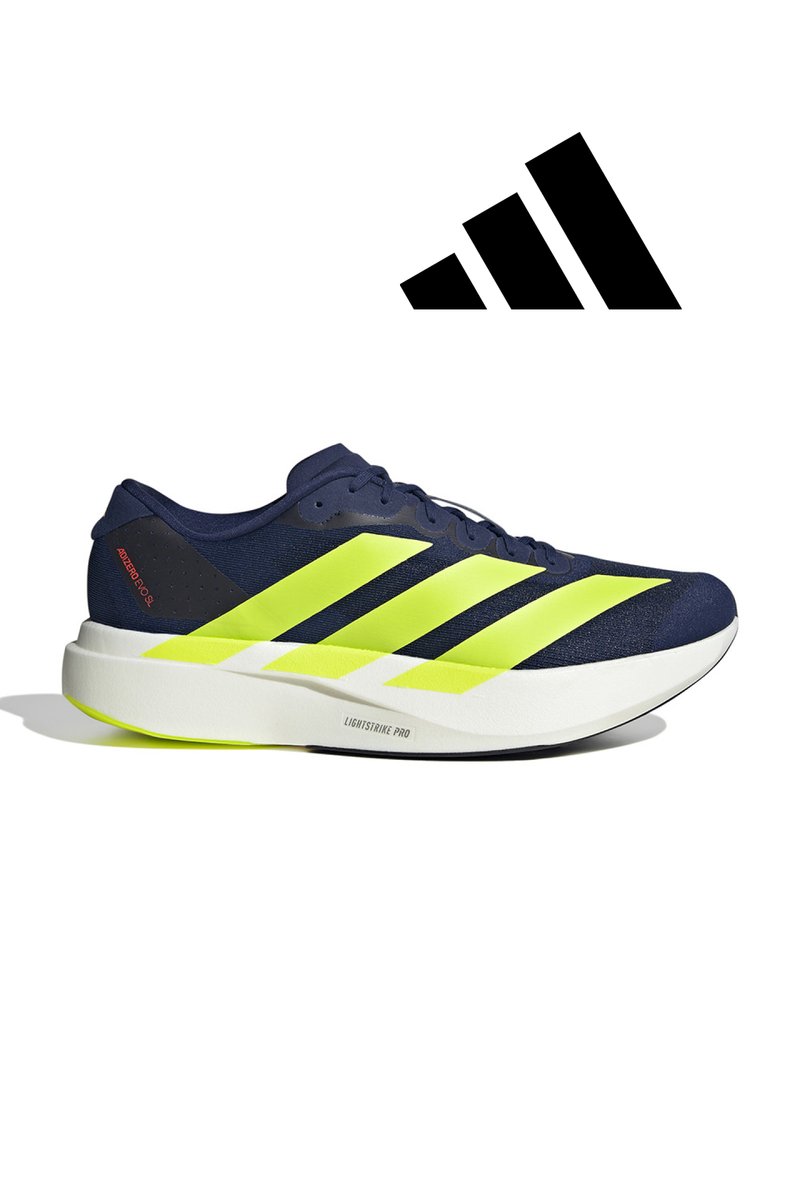 Blue athletic shoe with yellow accents and three stripes design. Features a lightweight midsole labeled "LIGHTSTRIKE PRO."