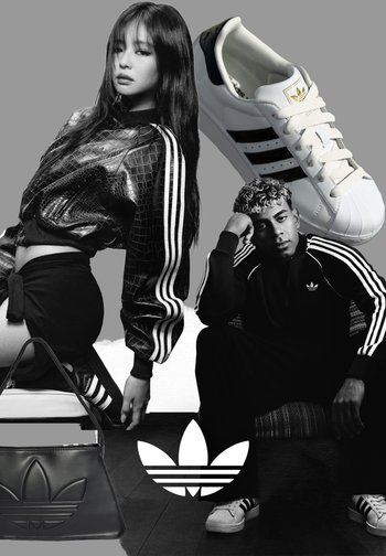 Woman and man wearing Adidas tracksuits and shoes, with oversized Adidas sneaker and logo in background.