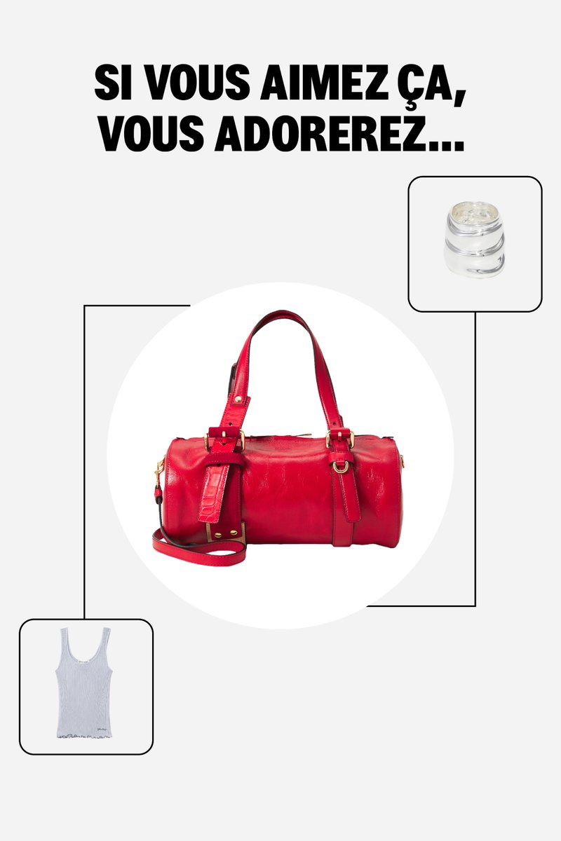 Sac à main en cuir rouge avec des boucles en or, pot de crème blanche, et débardeur gris côtelé, le texte en français au-dessus dit "Si vous aimez cela, vous adorerez..."
