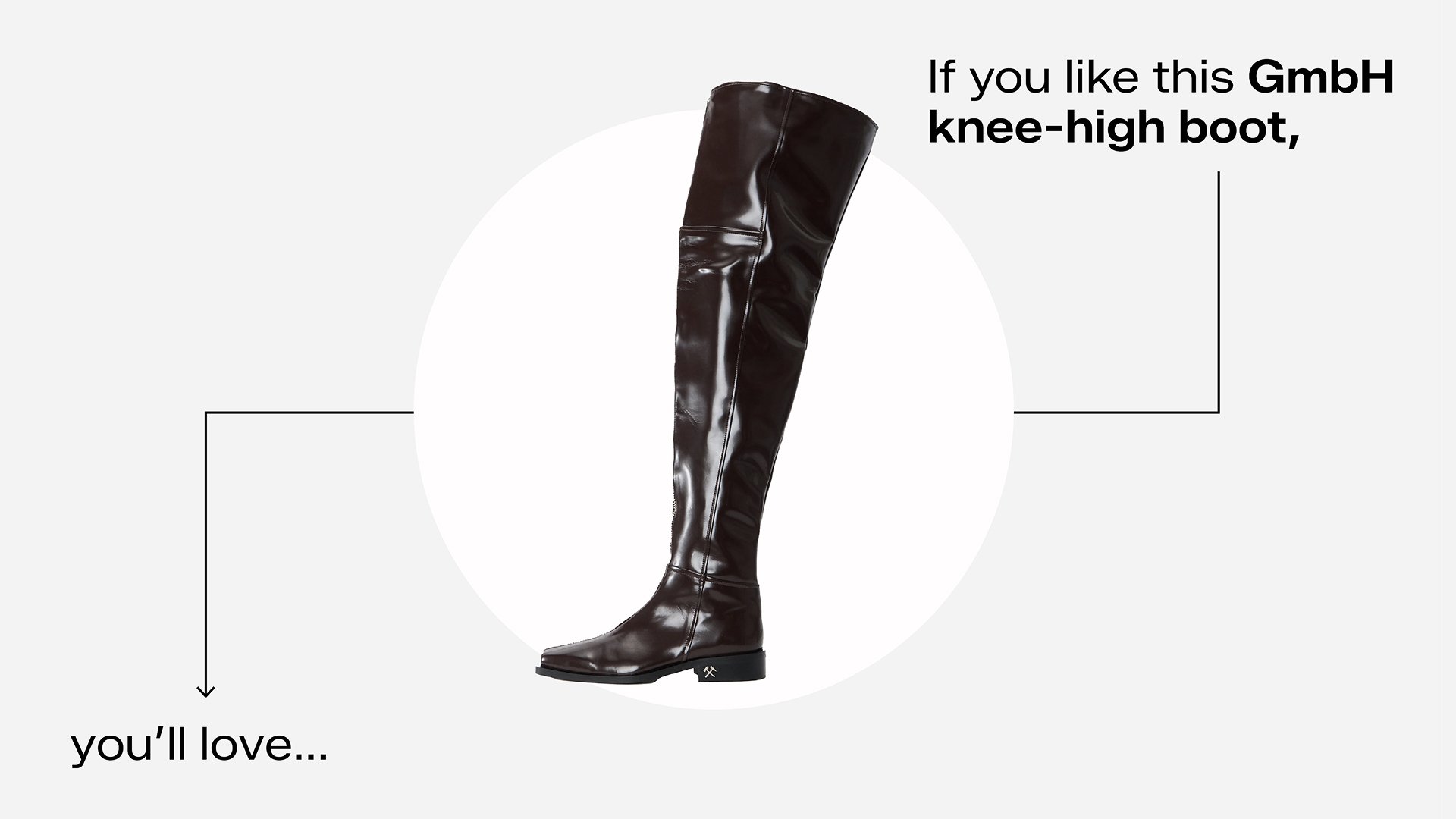 Stivale lucido marrone scuro fino al ginocchio di GmbH con suola piatta e punta rotonda, mostrato su sfondo circolare bianco con testo.