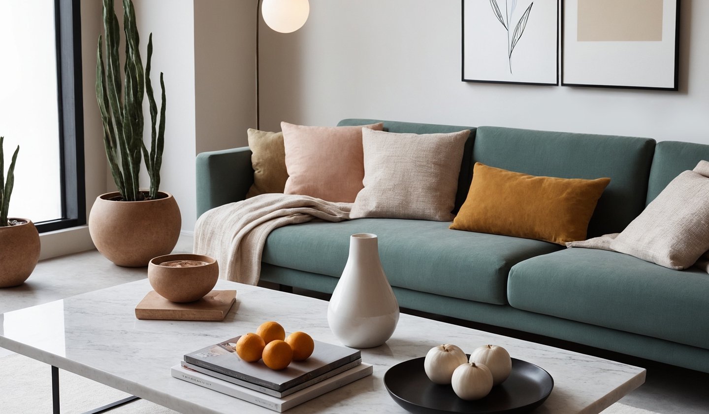 Turkusowa sofa z tkaniny z różnorodnymi, teksturowanymi poduszkami w odcieniach beżu, różu i musztardy. Biała ceramiczna waza na marmurowym stole kawowym z dekoracyjnymi misami i pomarańczami.