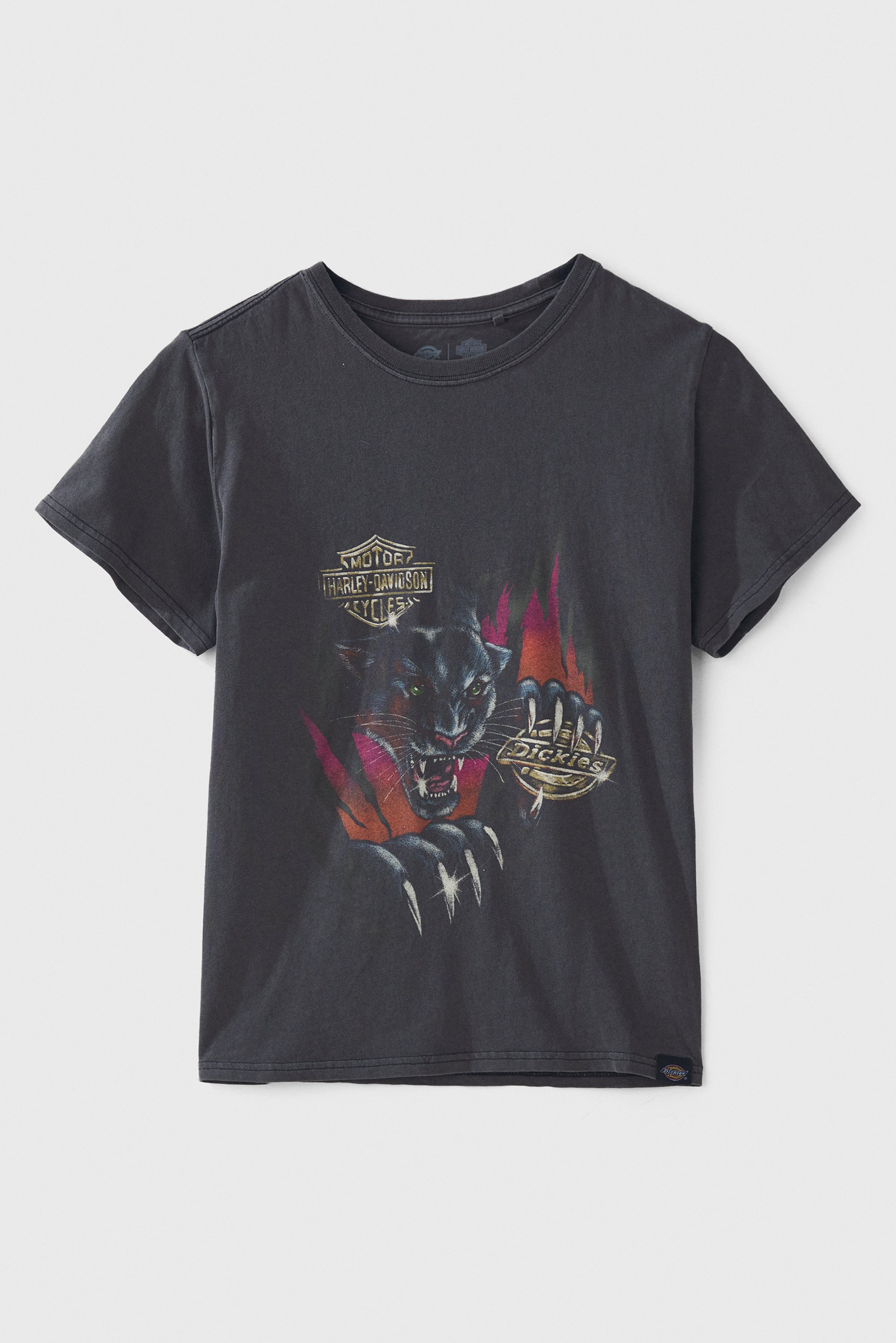 Black T-shirt featuring a graphic of a fierce panther with glowing eyes and extended claws, alongside Harley-Davidson and Dickies logos.