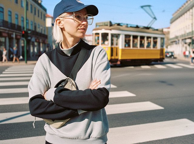 Jeune personne avec lunettes et casquette, bras croisés, debout sur un passage piéton en ville, tandis qu'un tram jaune passe en arrière-plan.
